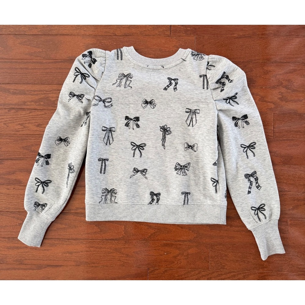 Maeve by Anthropologie Bow Print Embroidered Sweatshirt Puff Sleeve Gray Sz XS - Picture 2 of 9